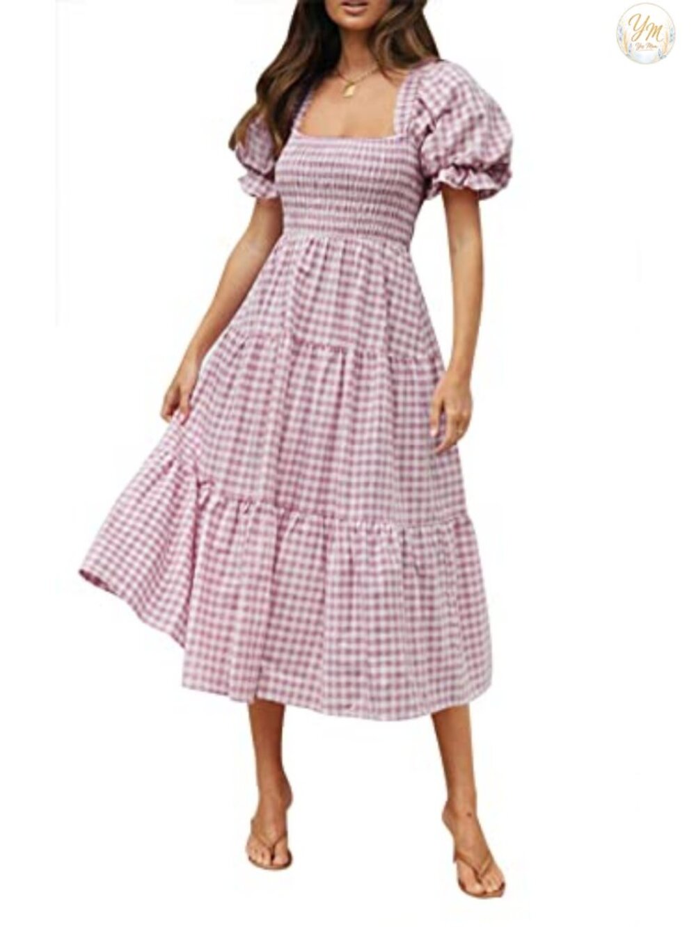 Womens Summer Boho Puff Sleeve Square Neck Midi Dress Fit Flare